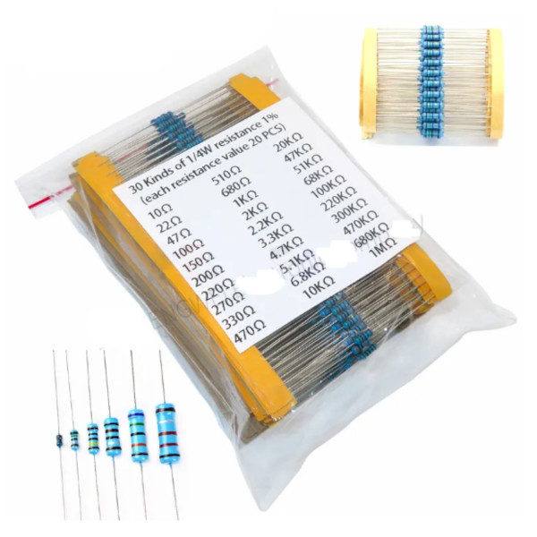 600pcs/set 30 Kinds 1/4W Resistance 1% Metal Film Resistor Pack
